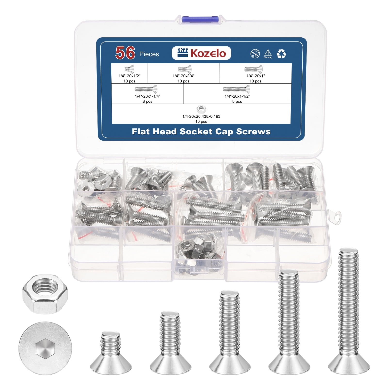 Uxcell 56Pcs Hex Nuts - [1/4"-20x1"/1/2"/1-1/2"/1-1/4"/3/4"], 304 Stainless Steel 18-8 Countersunk Bolt, Silver, for Automotive, Furniture Repair, Industrial Equipment Fixes