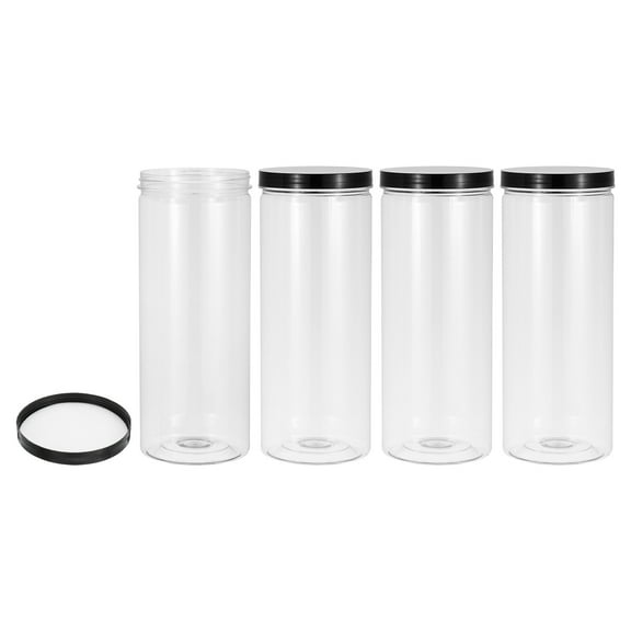 Uxcell 58oz Plastic Round Jars with Black Ribbed Lids, Clear, 4Pcs