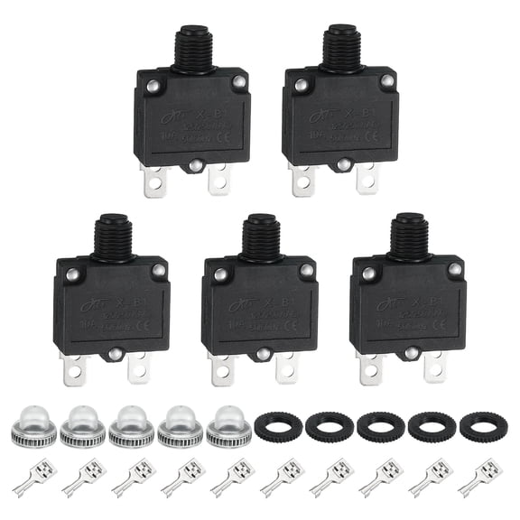 Uxcell 5PCS 10A Thermal Circuit Breakers, 125/250V AC,32V DC Manual Reset Push Button Overload Protector Circuit Breaker with Waterproof Button Caps Quick Connector Terminals