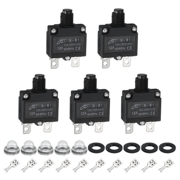 Uxcell 5PCS 12A Thermal Circuit Breakers, 125/250V AC,32V DC Manual Reset Push Button Overload Protector Circuit Breaker with Waterproof Button Caps Quick Connector Terminals