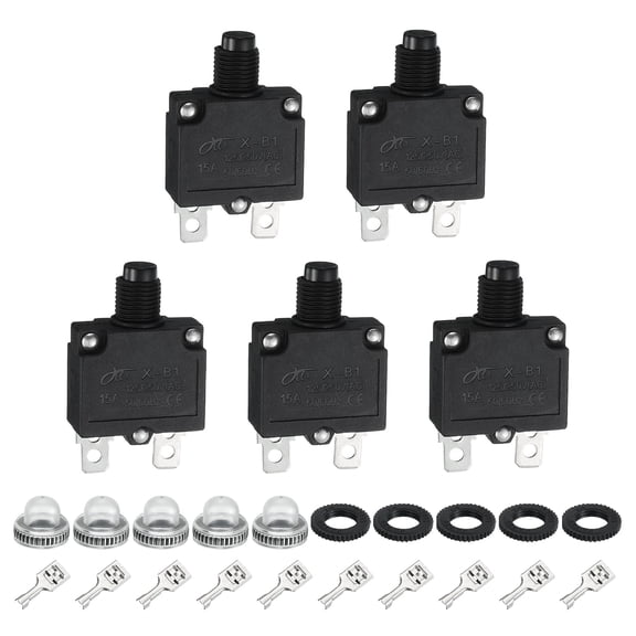 Uxcell 5PCS 15A Thermal Circuit Breakers, 125/250V AC,32V DC Manual Reset Push Button Overload Protector Circuit Breaker with Waterproof Button Caps Quick Connector Terminals