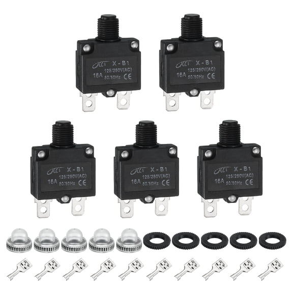 Uxcell 5PCS 16A Thermal Circuit Breakers, 125/250V AC,32V DC Manual Reset Push Button Overload Protector Circuit Breaker with Waterproof Button Caps Quick Connector Terminals