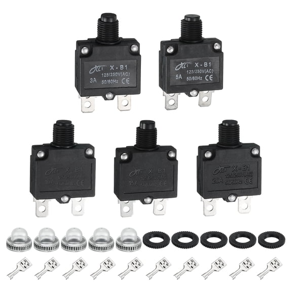 Uxcell 5PCS 3/5/10/15/20A Thermal Circuit Breakers, 125/250V AC,32V DC Manual Reset Push Button Overload Protector Circuit Breaker with Waterproof Button Caps Quick Connector Terminals