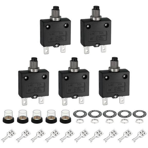 Uxcell 5PCS 30A Thermal Circuit Breakers, 125/250V AC,32/50V DC Manual Reset Push Button Overload Protector Circuit Breaker with Waterproof Button Caps Quick Connector Terminals