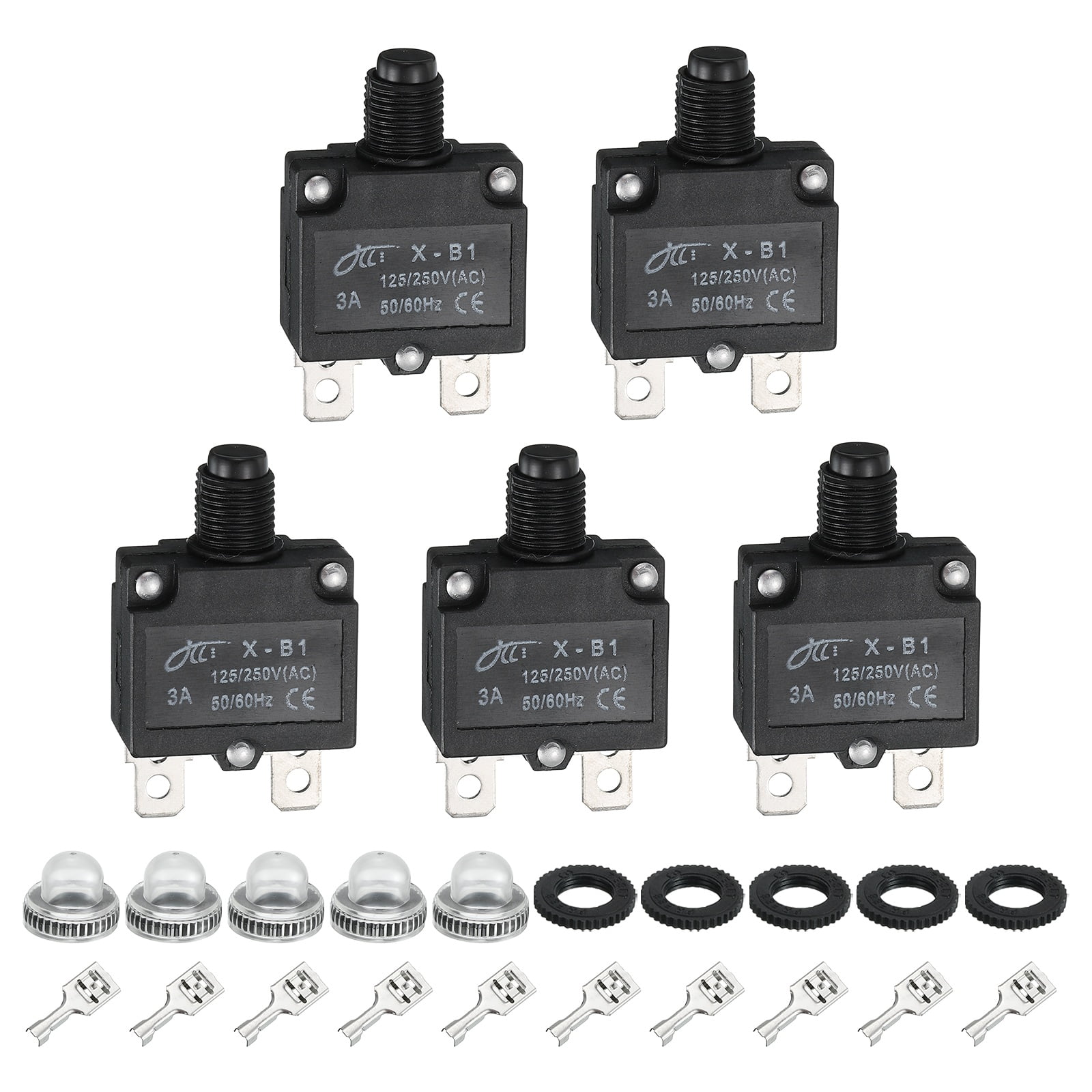 Uxcell 5A Push Button Reset Thermal Circuit Breaker – 125/250V AC / 32V DC, Waterproof Cap, Overload Protector 2-Pack
