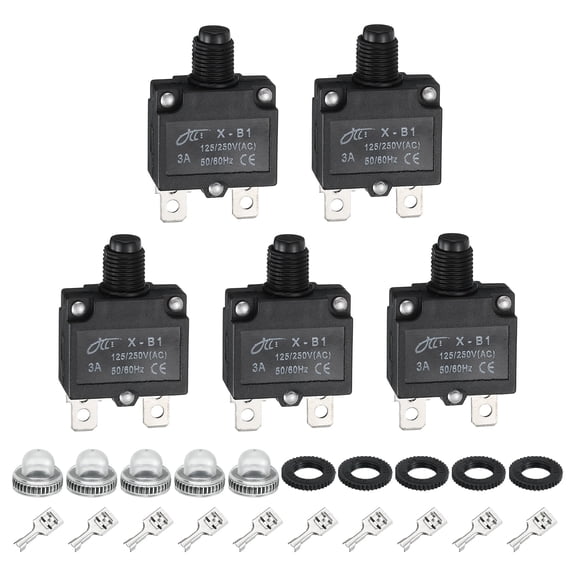 Uxcell 5PCS 3A Thermal Circuit Breakers, 125/250V AC,32V DC Manual Reset Push Button Overload Protector Circuit Breaker with Waterproof Button Caps Quick Connector Terminals