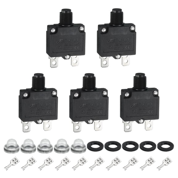 Uxcell 5PCS 6A Thermal Circuit Breakers, 125/250V AC,32V DC Manual Reset Push Button Overload Protector Circuit Breaker with Waterproof Button Caps Quick Connector Terminals