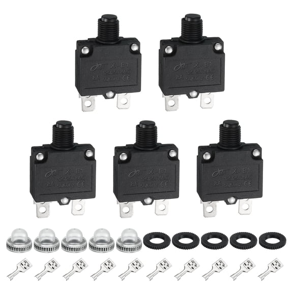 Uxcell 5PCS 8A Thermal Circuit Breakers, 125/250V AC,32V DC Manual Reset Push Button Overload Protector Circuit Breaker with Waterproof Button Caps Quick Connector Terminals