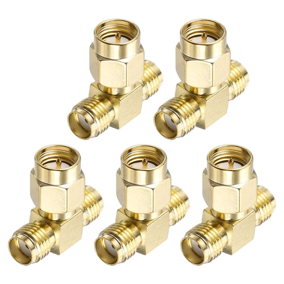 Uxcell 5Pack 3 Way SMA Splitter Adapter SMA Male to Dual Female Adapter Converter 50 Ohm for Antennas, Signal Monitoring, Test Bench,  Router, Car Navigation, Gold