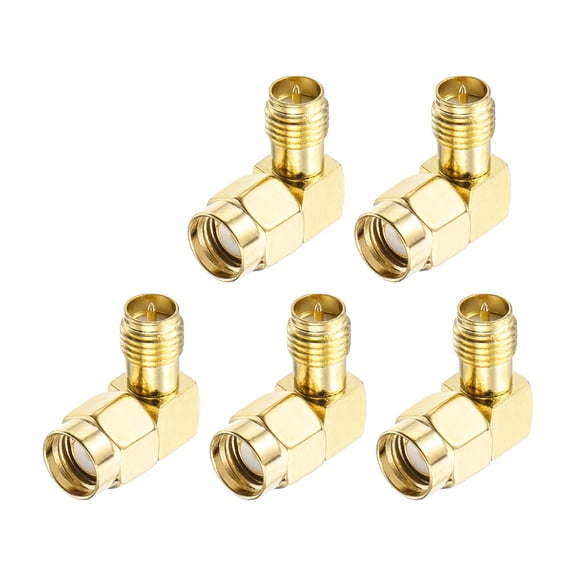 Uxcell 5Pack 90 Type SMA Right Angle Adapter RP-SMA Male to Female Adapter Converter 50 Ohm for Antennas, Signal Monitoring, Test Bench,  Router, Car Navigation, Gold