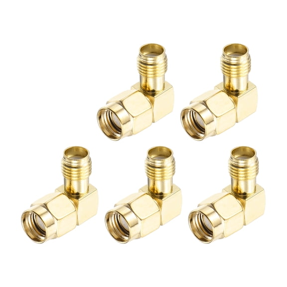 Uxcell 5Pack 90 Type SMA Right Angle Adapter RP-SMA Male to SMA Female Adapter Converter 50 Ohm for Antennas, Signal Monitoring, Test Bench,  Router, Car Navigation, Gold