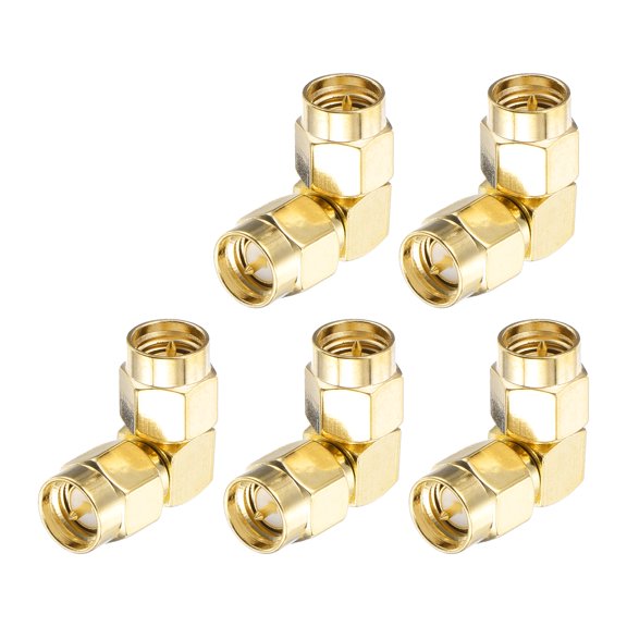 Uxcell 5Pack 90 Type SMA Right Angle Adapter SMA Male to Male Adapter Converter 50 Ohm for Antennas, Signal Monitoring, Test Bench,  Router, Car Navigation, Gold