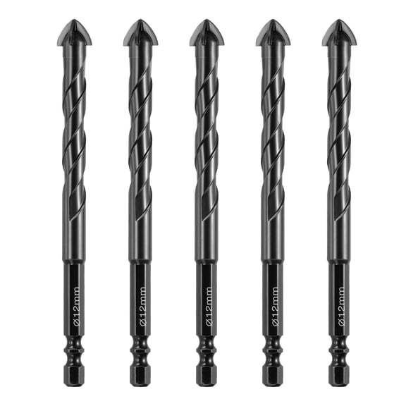 Uxcell 5Pcs 1/2" Carbide Masonry Drill Bit Hex Shank Cross Tip Spiral Black 12mm Masonry Bits, Tile Glass Boring, Brick Concrete Punching, Cement Wall Piercing