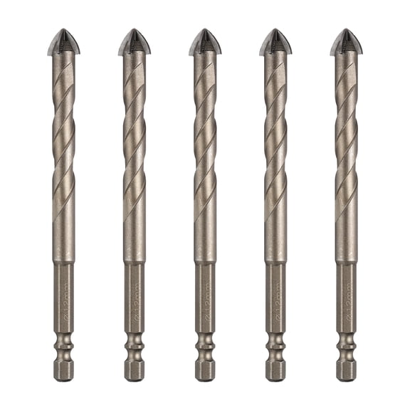 Uxcell 5Pcs 1/2" Carbide Masonry Drill Bit Hex Shank Cross Tip Spiral Yellow 12mm Masonry Bits, Tile Glass Boring, Brick Concrete Punching, Cement Wall Piercing