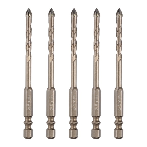 Uxcell 5Pcs 3/16" Carbide Masonry Drill Bit Hex Shank Cross Tip Spiral Yellow 5mm Masonry Bits, Tile Glass Boring, Brick Concrete Punching, Cement Wall Piercing
