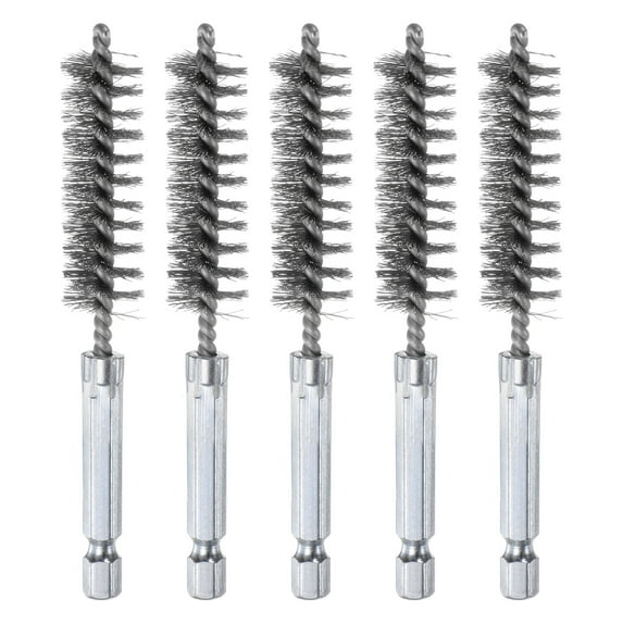 Uxcell 304 Stainless Steel Bore Brush Cleaning Twisted Wire Brush with Handle 1/4" Hex Shank for Tubes Ports Bearings Silver 14mm 5pcs