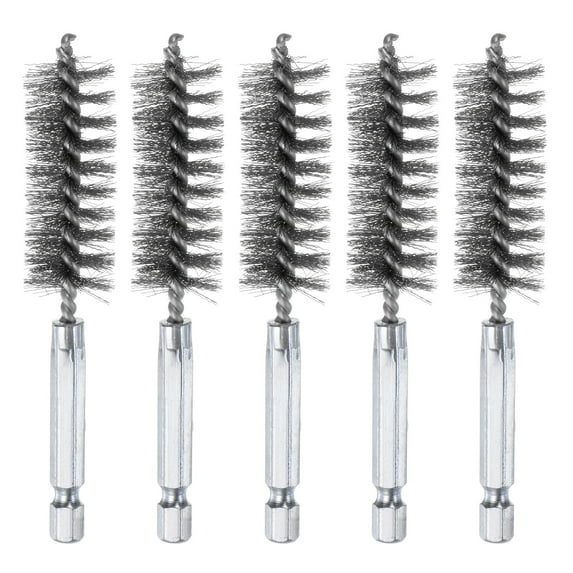 Uxcell 304 Stainless Steel Bore Brush Cleaning Twisted Wire Brush with Handle 1/4" Hex Shank for Tubes Ports Bearings Silver 18mm 5pcs
