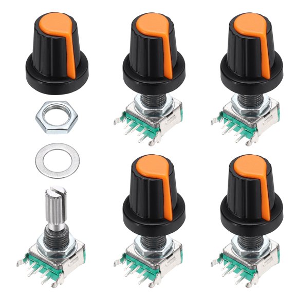 Uxcell 5Pcs 360 Degree EC11 Rotary Encoder Switch Push Button 5 Pins 20mm Shaft Audio Digital Potentiometer Rotary Encoder Code W Orange Plastic Knob Cap Brick Sensor Module Switch for Audio DIY