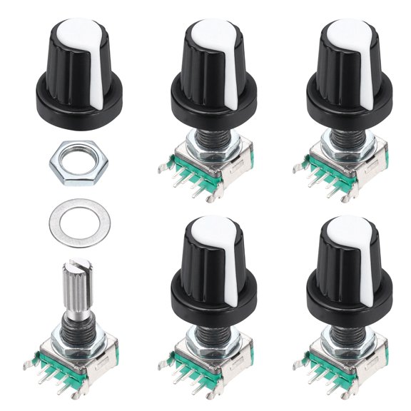 Uxcell 5Pcs 360 Degree EC11 Rotary Encoder Switch Push Button 5 Pins 20mm Shaft Audio Digital Potentiometer Rotary Encoder Code W White Plastic Knob Cap Brick Sensor Module Switch for Audio DIY