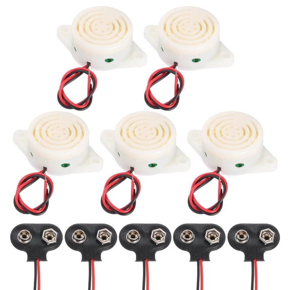 Uxcell 5Pcs DC3-24V 100dB 3100Hz Electronic Piezo Buzzer Alarm Sounder Active Continuous Beep Sound with 9V t Type Battery Connector for Motorcycle Golf Car t Vehicles Car Alarm, White