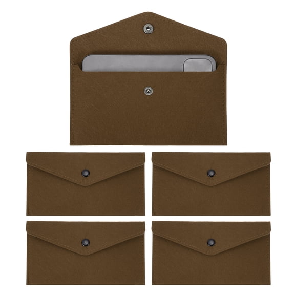 Uxcell 5Pcs Felt Money Bag, Felt Cellphone Sleeve Case Pouch Cash Bag Button Closure Cash Envelope Wallet Storage Pouch for Card Pen Sunglasses, Dark Brown