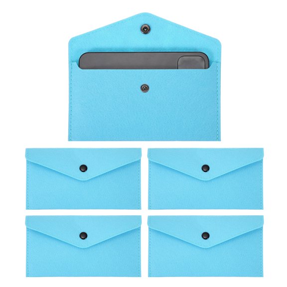 Uxcell 5Pcs Felt Money Bag, Felt Cellphone Sleeve Case Pouch Cash Bag Button Closure Cash Envelope Wallet Storage Pouch for Card Pen Sunglasses, Light Blue