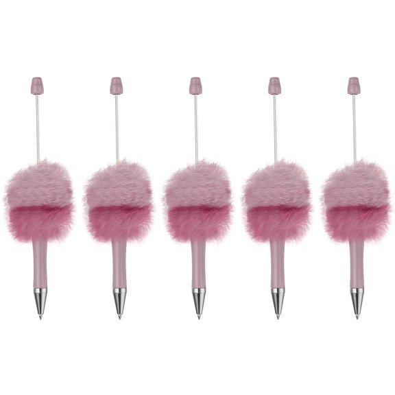 Uxcell 5Pcs Fluffy Beadable Pens, Plush Fuzzy Plastic Bead Pen Bead Ballpoint for DIY Gift Writing Office Supplies, Purple/Leopard
