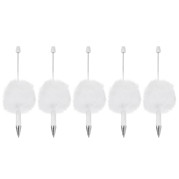 Uxcell 5Pcs Fluffy Beadable Pens, Plush Fuzzy Plastic Bead Pen Bead Ballpoint for DIY Gift Writing Office Supplies, White