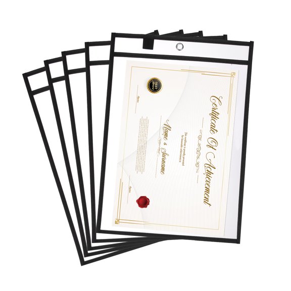 Uxcell 5Pcs Job Ticket Holders, 14"x10" Dry Erase Ticket Holder Pockets Stitched Edge Reusable Clear Plastic Sleeves for Invoice Office Shop Organization, Black