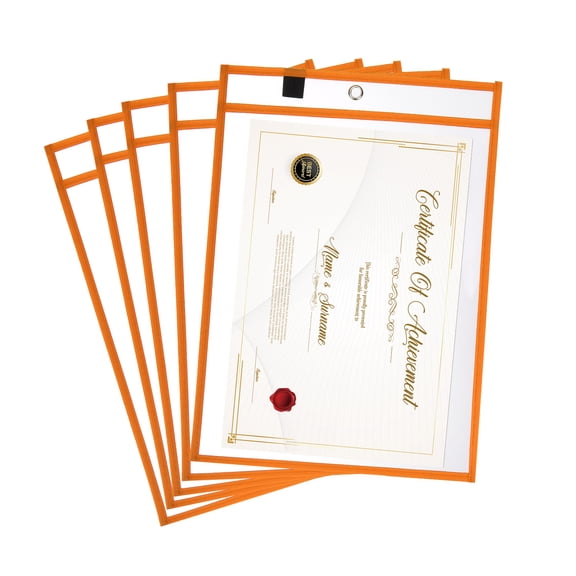 Uxcell 5Pcs Job Ticket Holders, 14"x10" Dry Erase Ticket Holder Pockets Stitched Edge Reusable Clear Plastic Sleeves for Invoice Office Shop Organization, Orange
