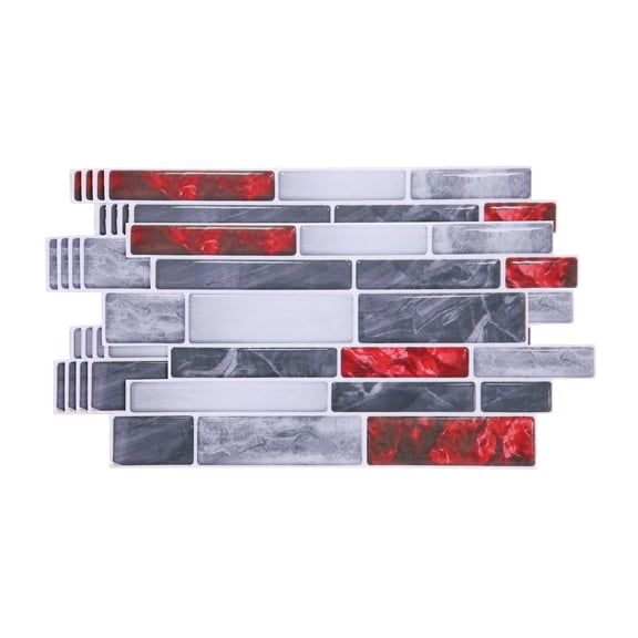 Uxcell 5Pcs Peel and Stick Backsplash Tiles 9.4" x 4.7" 3D Thickened Mable Texture Self-Adhesive Tile Stickers Wallpaper Wall for Kitchen Bathroom Bedroom, Red Gray