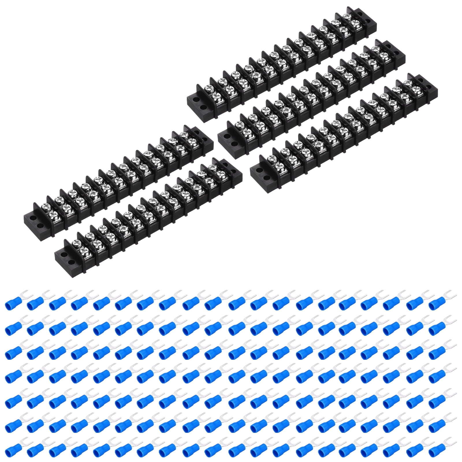 Uxcell 5Pcs Terminal Block 300V 20A Dual Rows 12P Terminals Barrier PA66 with 120Pcs 16A Heat Shrink Wire Fork Connector