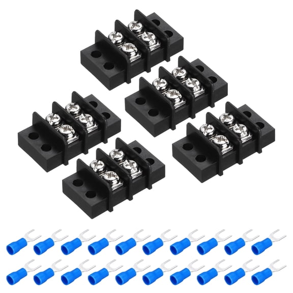 Uxcell 5Pcs Terminal Block 300V 20A Dual Rows 2P PA66 with 20Pcs 16A Fork Connectors