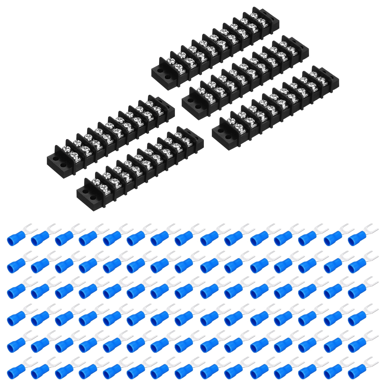 Uxcell 5Pcs Terminal Block 300V 20A Dual Rows 9P Terminals Barrier PA66 with 90Pcs 16A Heat Shrink Wire Fork Connectors
