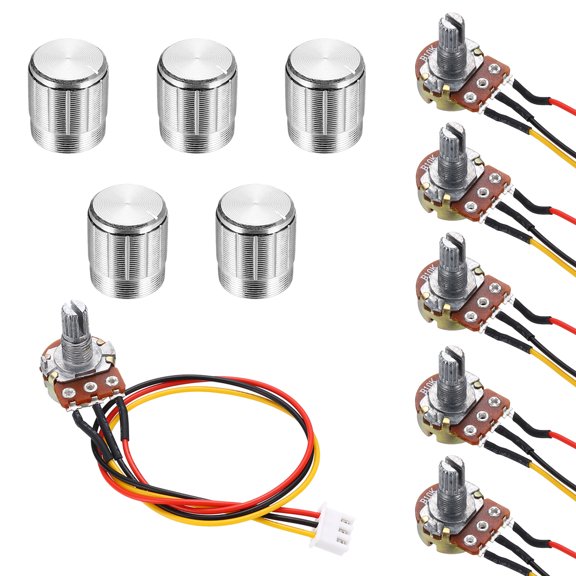 Uxcell 5Set WH148 B10K Ohm Potentiometer Kit, 3Pins Variable Resistors Single Linear Taper Rotary Potentiometer with 20cm Connector Wire Cable, Silver Rotary Knobs, Nuts, and Washers