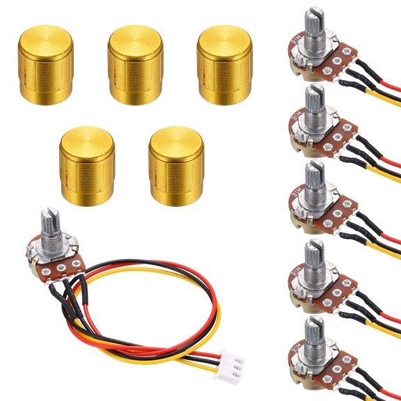 Uxcell 5Set WH148 B1M Ohm Potentiometer Kit, 3Pins Variable Resistors Single Linear Taper Rotary Potentiometer with 20cm Connector Wire Cable, Gold Rotary Knobs, Nuts, and Washers