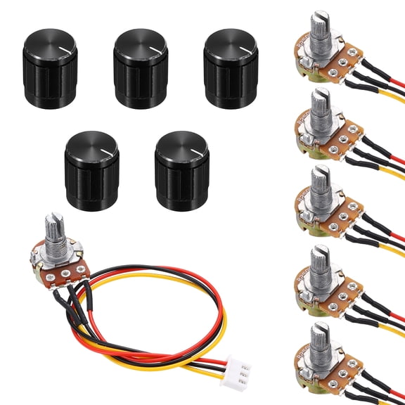 Uxcell 5Set WH148 B250K Ohm Potentiometer Kit, 3Pins Variable Resistors Single Linear Taper Rotary Potentiometer with 20cm Connector Wire Cable, Black Rotary Knobs, Nuts, and Washers