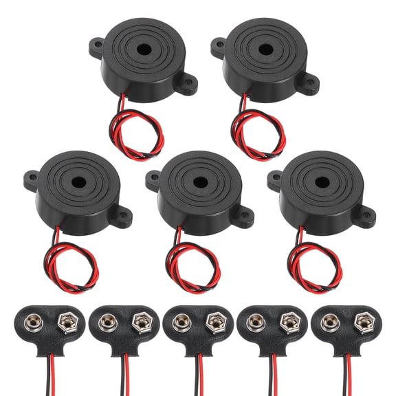 Uxcell 5Pcs DC3-24V 90dB 2800Hz Electronic Piezo Buzzer Alarm Sounder Active Continuous Beep Sound with 9V t Type Battery Connector for Motorcycle Golf Car t Vehicles Car Alarm, Black