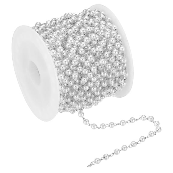 Uxcell 5m/16 Feet Faux Pearl Beading Chain with Spool 3mm Brass Chain Link for Jewelry Making Style 1, Silver