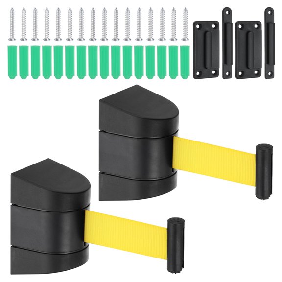 Uxcell 5m Plastic Fixed Wall Mount Retractable Belt Barrier Crowd Control 2 Set Black Case Yellow Strap