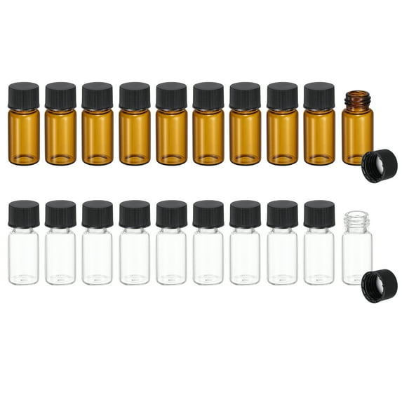 Uxcell 5ml Glass Sample Vials, 20Pcs Sample Vials with Screw Cap Leak-Proof Liquid Glass Vial Suitable for Laboratory Storing Essential Oils Perfumes Reagents, Transparent/Brown