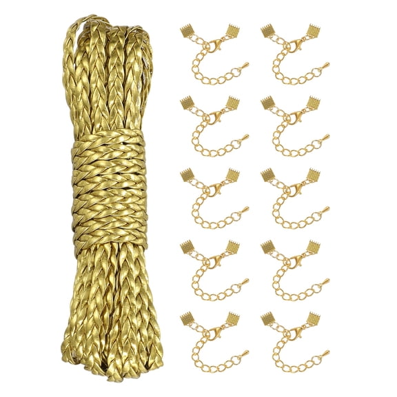 Uxcell 5mm Braided Leather Cord, 5.47 Yards PU Flat Leather String Strip Rope with 10 Gold Ribbon Crimp Ends for Necklaces Bracelets Lanyard, Jewelry Making DIY Projects, Gold