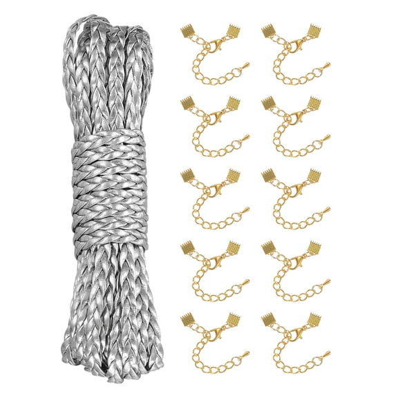 Uxcell 5mm Braided Leather Cord, 5.47 Yards PU Flat Leather String Strip Rope with 10 Gold Ribbon Crimp Ends for Necklaces Bracelets Lanyard, Jewelry Making DIY Projects, Silver
