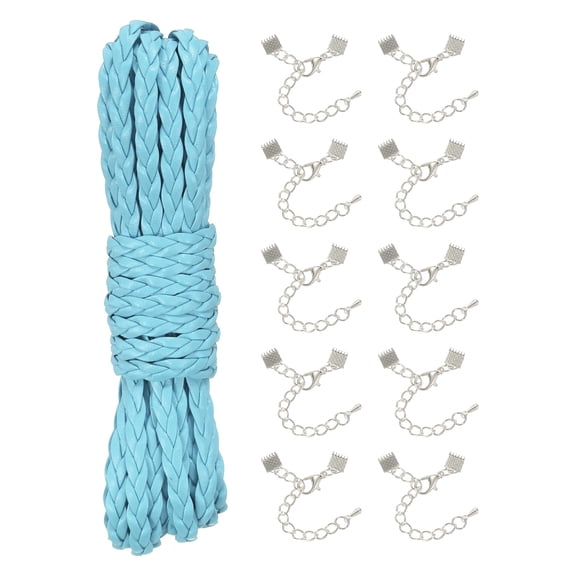 Uxcell 5mm Braided Leather Cord, 5.47 Yards PU Flat Leather String Strip Rope with 10 Silver Ribbon Crimp Ends for Necklaces Bracelets Lanyard, Jewelry Making DIY Projects, Light Blue