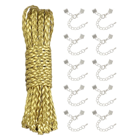 Uxcell 5mm Braided Leather Cord, 5.47 Yards PU Flat Leather String Strip Rope with 10 Silver Ribbon Crimp Ends for Necklaces Bracelets Lanyard, Jewelry Making DIY Projects, Gold Tone