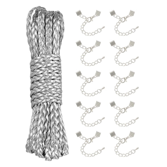 Uxcell 5mm Braided Leather Cord, 5.47 Yards PU Flat Leather String Strip Rope with 10 Silver Ribbon Crimp Ends for Necklaces Bracelets Lanyard, Jewelry Making DIY Projects, Silver