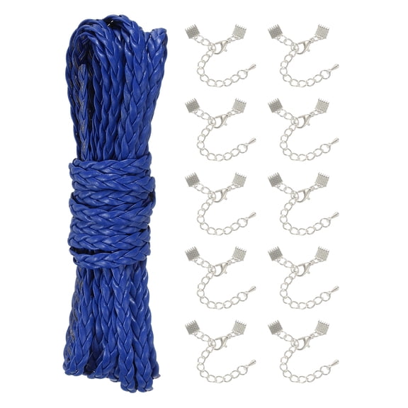 Uxcell 5mm Braided Leather Cord, 5.47 Yards PU Flat Leather String Strip Rope with 10 Silver Ribbon Crimp Ends for Necklaces Bracelets Lanyard, Jewelry Making DIY Projects, Blue