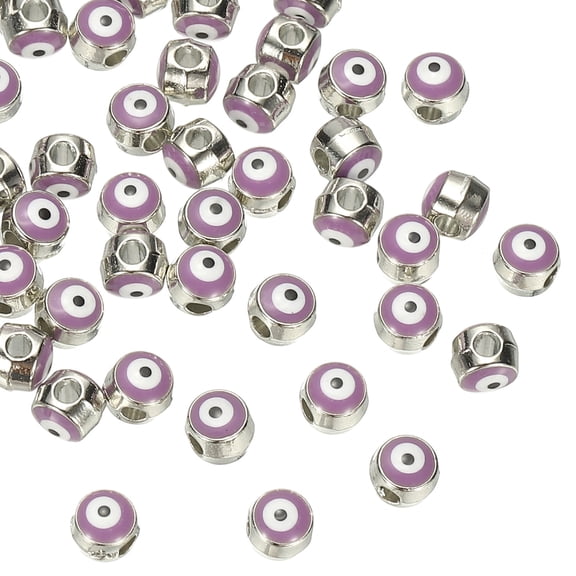 Uxcell 5mm Enamel Evil Eye Beads, 50 Pcs Turkish Evil Eye Beads Silver Plated Evil Eye Charms Bulk Alloy Spacer Round Bead for DIY Art Craft Bracelet Necklace Earrings Making, Purple