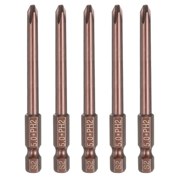 Uxcell 5pcs #2 Phillips Screwdriver Bit PH2 1/4" Hex Shank 3" (75mm) Long 0.2" Rod Magnetic Cross Head Drive Drill Bits S2 Steel Industrial Screw Driver Electric Power Tool, Brown
