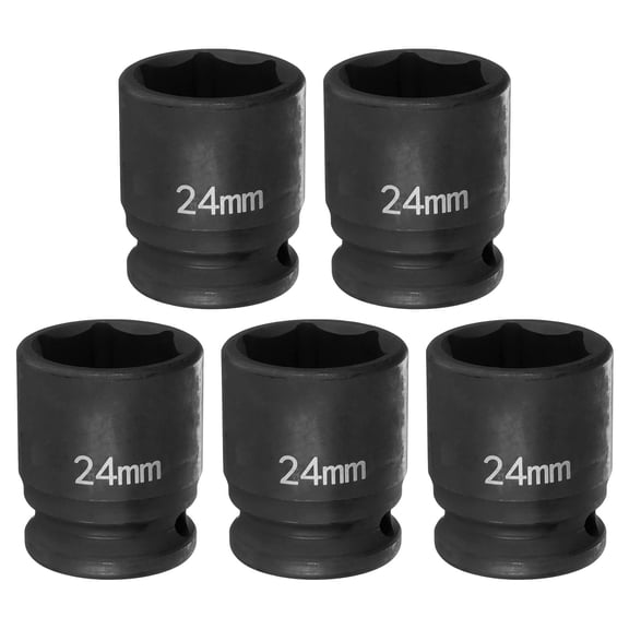 Uxcell 5pcs 6 Point Impact Socket 24mm Metric Socket 1/2" Square Drive 1.65" (42mm) Long Phosphated Cr-Mo Steel Spindle Axle Hex Nut Sockets, Black